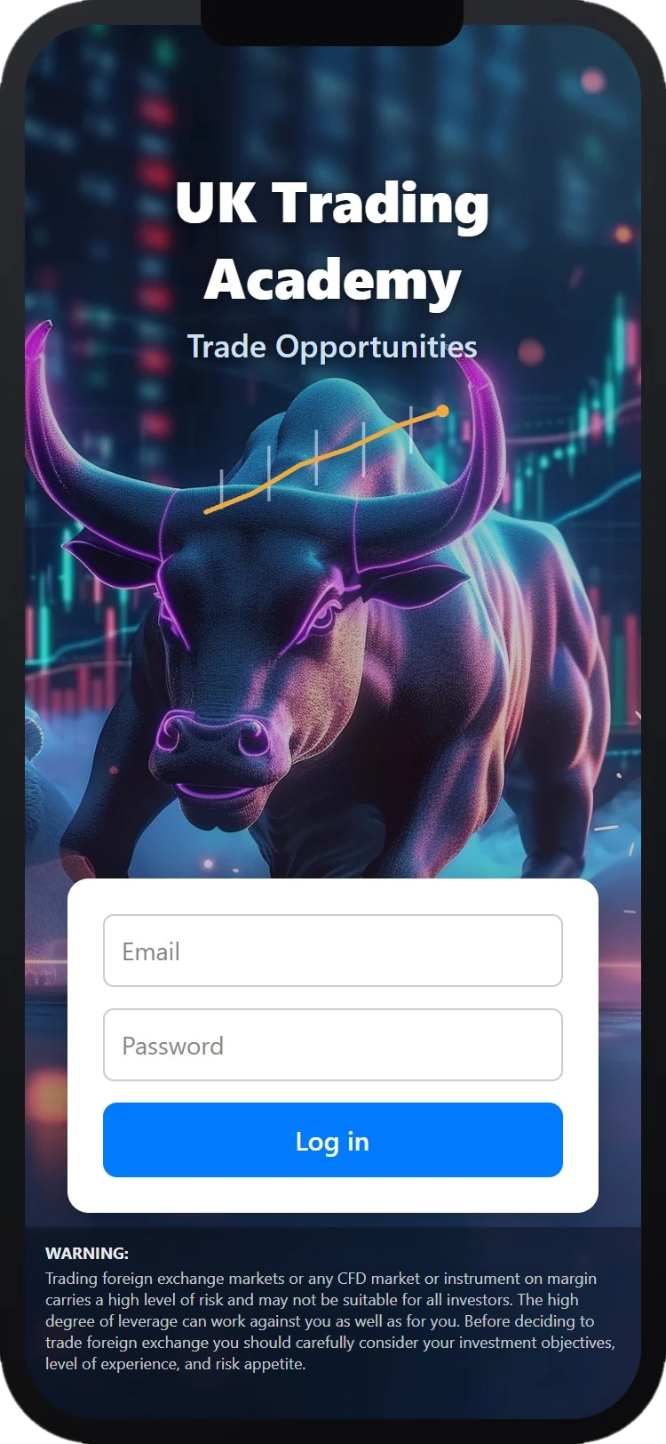 The Trade Opportunities app login screen on a phone
